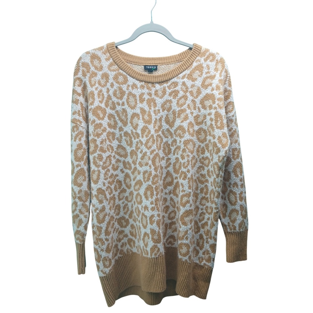 Torrid Tan Leopard Print Tunic Sweater Crew‎ Neck Drop Shoulder Size 0 L XL